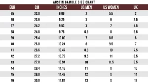Austin Gamble size chart with heel-to-toe measurements
